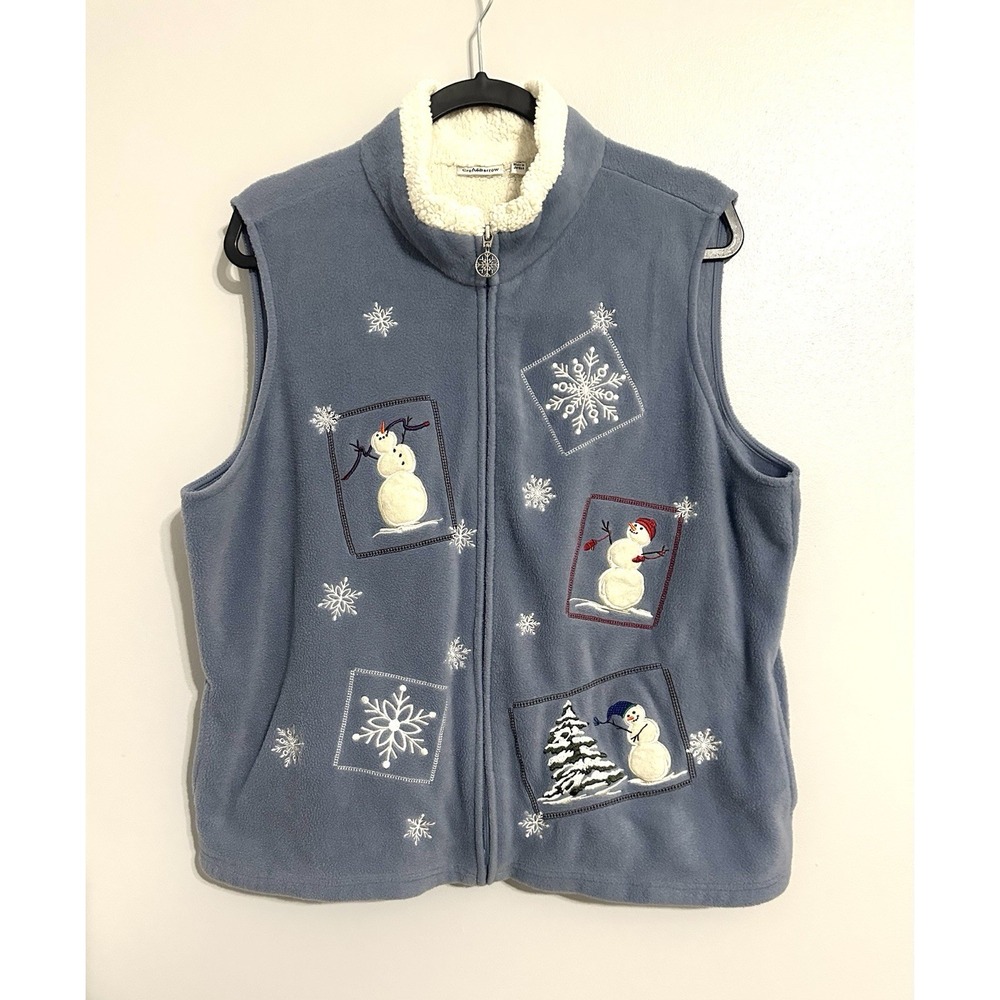 Croft Barrow Winter Vest XL Blue Christmas Snowman Sherpa Fleece Grandma Cottage